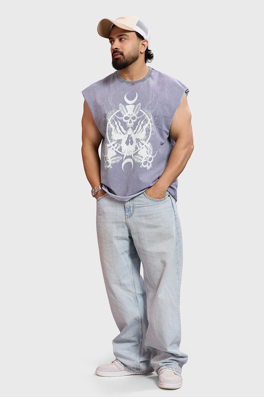 Restricted Washed Capsleeve Tank Light Grey