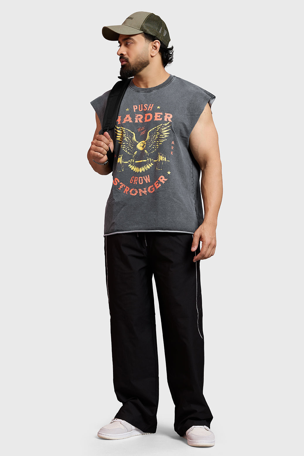 Push Harder Washed Capsleeves Tank Dark Grey