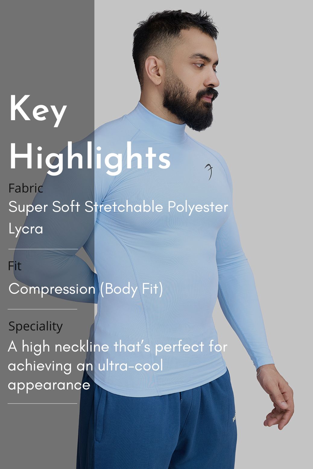 High Neck Compression Full Sleeves T-shirt Glacial Blue