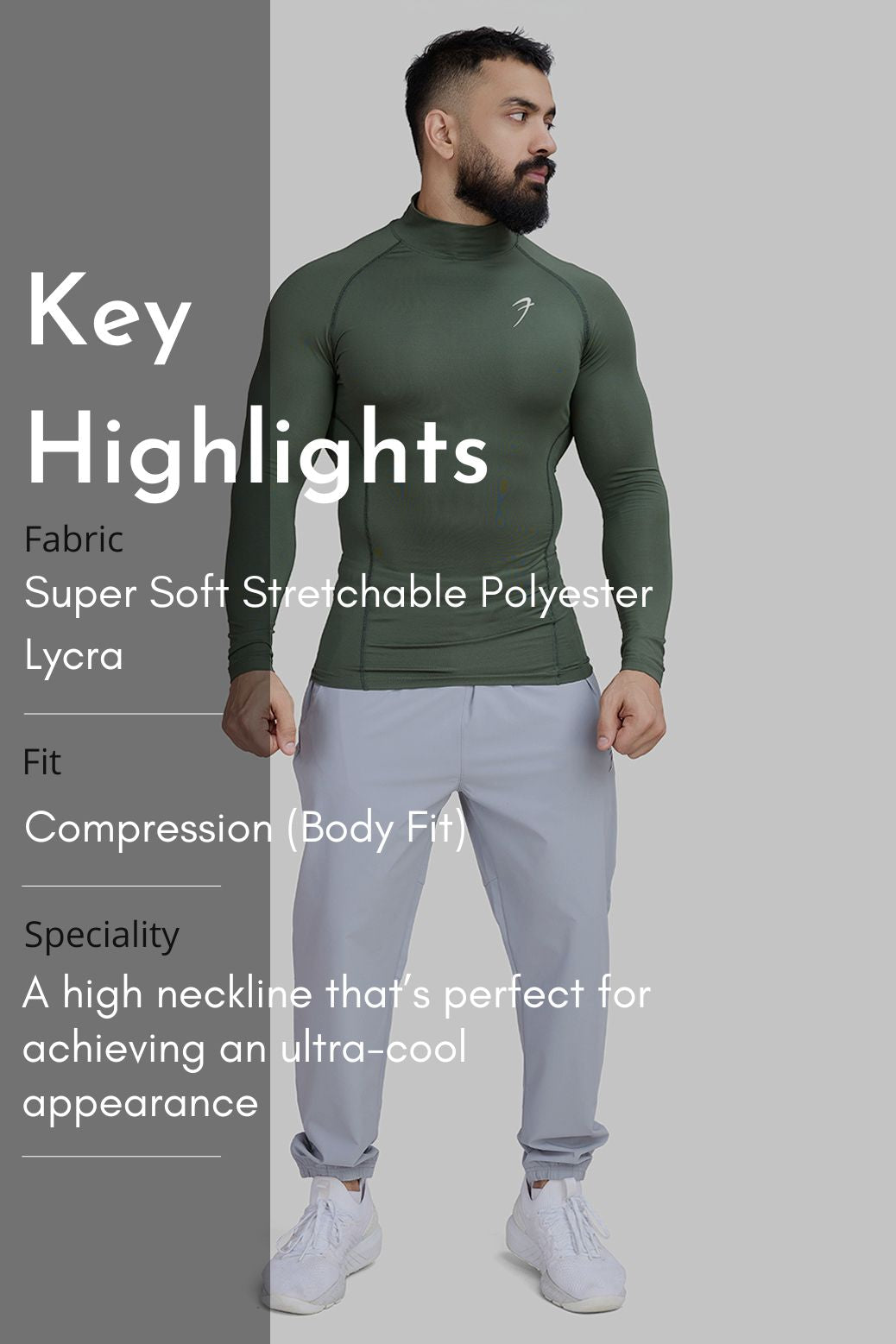 High Neck Compression Full Sleeves T-shirt Olive