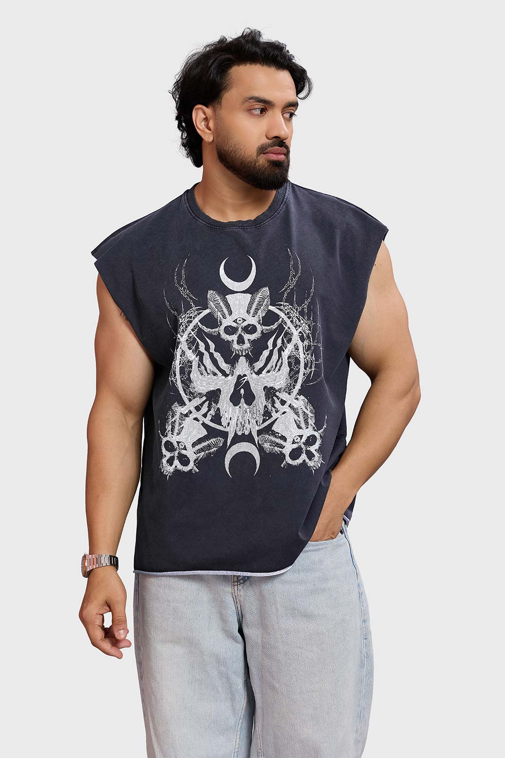 Restricted Washed Capsleeve Tank Dark Grey